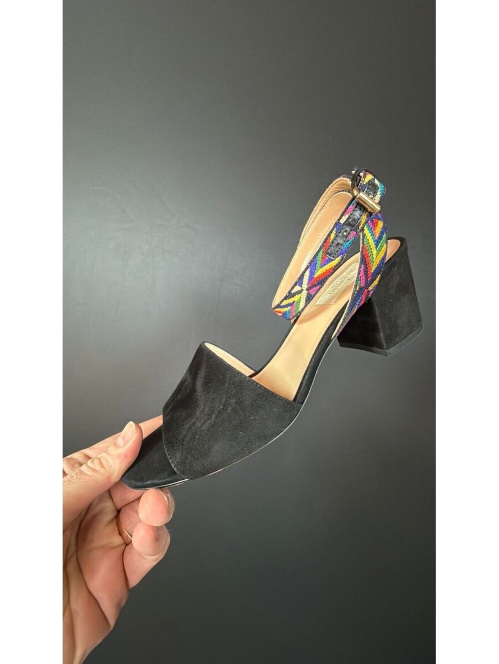 Valentino Southwest Black Suede & Multicolor Strap Mule Size 38